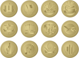This is a set of 12 unique gold document seals, designed for a variety of industries. Each seal is isolated, grouped, labeled, and on an individual layer.
