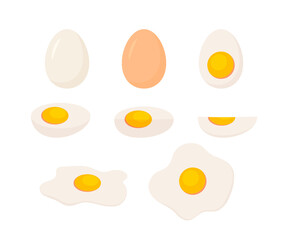 Egg in eggshell, pieces boiled and fries. Whole and half, sliced eggs. Vector isolated on white background