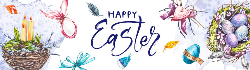 Easter poster and banner template with Easter eggs in the nest on light green background.