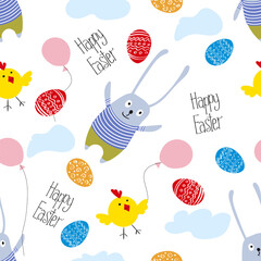 Cute happy easter bunny is flying on a balloon. Chickens, painted eggs, lettering Happy Easter. Children's seamless pattern. Vector illustration. Wallpaper, packaging, wrapping paper, textiles.