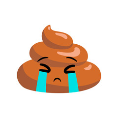 Shit or turd emoji vector icon with unhappy crying face feeling tired, isolated illustration in flat cartoon and kawaii style with tears