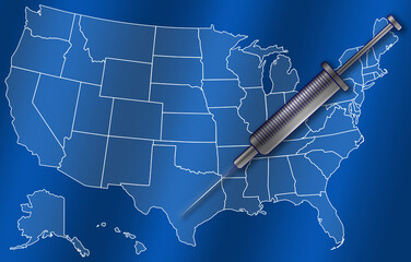 A covid-19 vaccine syringe over an outline map of America with a blue background