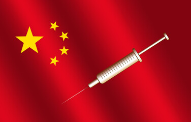 A covid-19 vaccine syringe on the Chinese flag