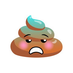 Shit or turd emoji vector icon with unhappy face in blue colors for digestion problems concepts as constipation or diarrhea, isolated illustration in flat cartoon and kawaii style
