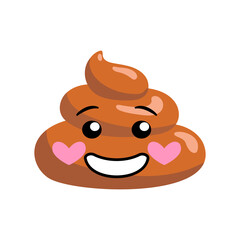 Shit or turd emoji vector icon with happy laughing smile on a face, isolated illustration in flat cartoon and kawaii style.