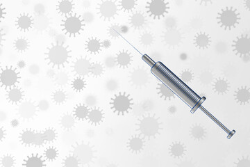 A syringe with covid-19 vaccine , on a white and silver covid cells background 