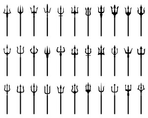 SVG Set of black silhouettes of trident on a white background