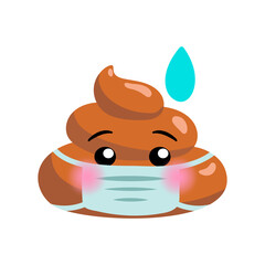 Shit or turd wearing medical mask feeling anxietty and fear - emoji vector icon as concept for coronavirus prevention and other diseases as flu, air pollution, contaminated air. Isolated illustration