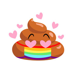 Shit or turd emoji wearing medical mask in LGBT rainbow colors - vector icon with hearts as concept for coronavirus prevention and other diseases as flu, air pollution, contaminated air. Isolated