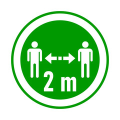 Keep Your Distance 2 m or 2 Metres Round Coronavirus Warning Sticker or Badge Icon. Vector Image.
