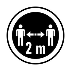 Keep Your Distance 2 m or 2 Metres Round Coronavirus Warning Sticker or Badge Icon. Vector Image.