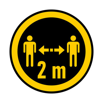 Keep Your Distance 2 m or 2 Metres Round Coronavirus Warning Sticker or Badge Icon. Vector Image.