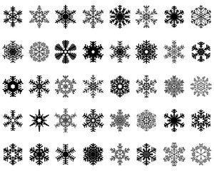 SVG Set of different black snowflakes on a white background 