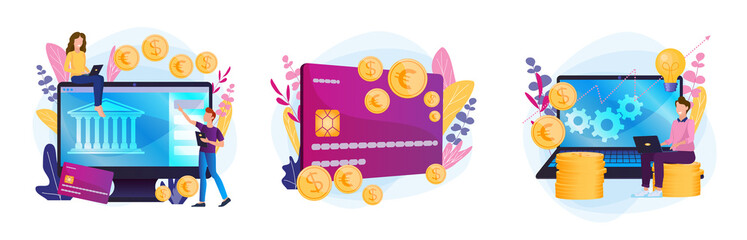 Set of banking investments, online bank, interest on a deposit card, investment growth.