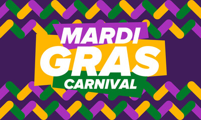 Mardi Gras Carnival in New Orleans. Fat Tuesday. Traditional holiday, celebration annual. Folk festival, costume masquerade, fun party. Carnival mask. Poster, card, banner and background. Vector
