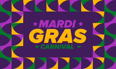 Mardi Gras Carnival in New Orleans. Fat Tuesday. Traditional holiday, celebration annual. Folk festival, costume masquerade, fun party. Carnival mask. Poster, card, banner and background. Vector