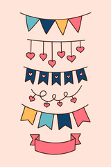 Cartoon Festive Bunting collection. Vector Doodle Party Decoration Set. Multicolor Flag Garlands, Hearts, banner. Hand drawn Birthday, Christmas, Summer Holiday elements for greeting card, poster	