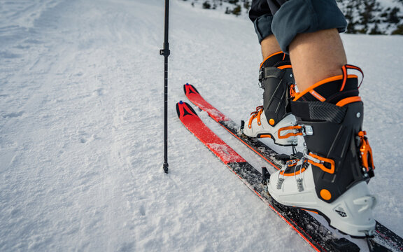 Detailed view of the ski bindings, winter skis and boots detailed view of the ski bindings concept, is in motion.