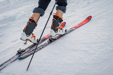 Detailed view of the ski bindings, winter skis and boots detailed view of the ski bindings concept,...