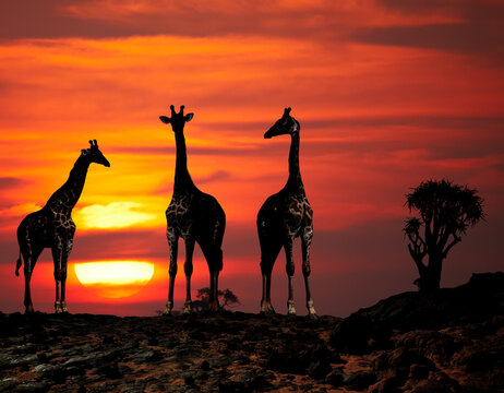 Giraffes silhouettes at sunset