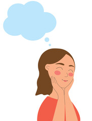 Girl is dreaming about something. Young woman with closed eyes and a smile is thinking. Vector illustration person isolated on white background.