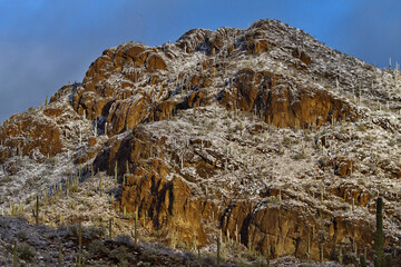 Fototapeta na wymiar Tucson Mountain peak powdery white with winter snow in Southern Arizona