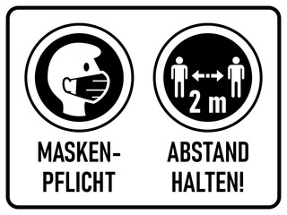 Horizontal Coronavirus Warning Sign in German with Round Icons Maskenpflicht (Face Mask Required) and Abstand halten (Keep Your Distance) 2 m or 2 Meters. Vector Image.