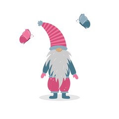 Cute gnome and butterflies. Pink and blue colors. Vector illustration isolated on white background.