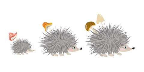 Cartoon hedgehogs family. Vector illustration with couple of funny hedgehogs, mother, father and kid hedgehog with mushrooms on back. Cute hand drawn animals. Illustration for kids, gift cards, print