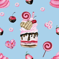 Watercolor milk shake and desserts isolated on blue background. Sweet dreams seamless pattern for wrapping paper, tablecloth, girl clothes, pillow cover, underwear print, textile and fabric