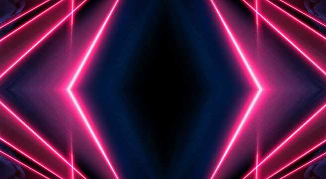 Dark abstract futuristic background. Neon lines, glow. Neon lines, shapes. Pink and blue glow © MiaStendal