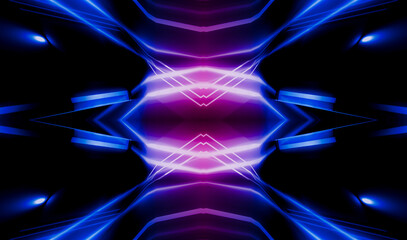 Dark abstract futuristic background. Neon lines, glow. Neon lines, shapes. Pink and blue glow