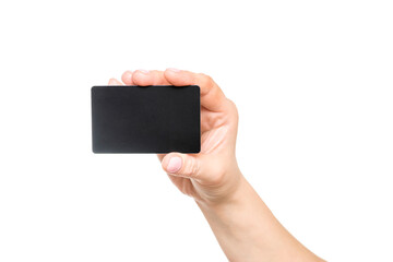 Obraz premium Business card in female hand, closeup isolated on white background. Close up of womans hand holding blank black card