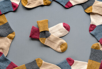 Background with many socks. National Sock day or Odd Socks Day background design element.