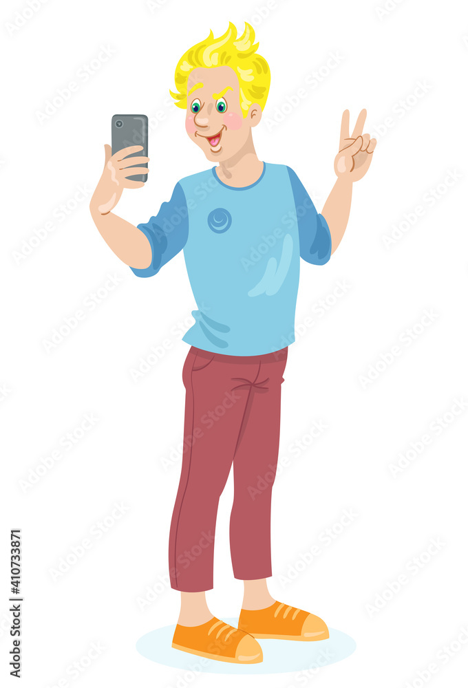 Canvas Prints Funny guy with a smartphone in his hand. Takes a selfie. The young man is a blogger. In cartoon style. Isolated on white background. Vector flat illustration