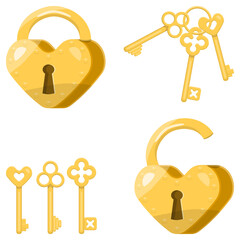 ocks in the shape of a heart closed and open, a bunch of keys - isolated items on a white background