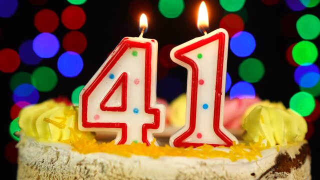 Number 41 Happy Birthday Cake With Burning Candles Topper.