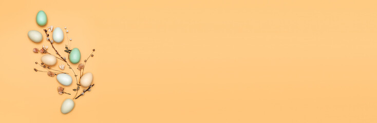 Creative flat lay photo of easter eggs on colorful background.