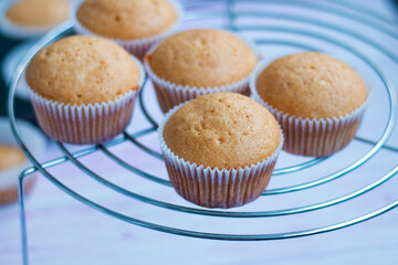  freshly baked cupcakes cool on a grid against a background of blurry pastry molds with muffins. High quality photo