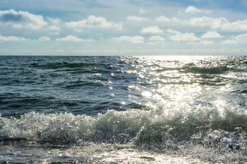 Seacoast. Tides and storms at sea. Waves on the Baltic Sea. Deserted seashore.
