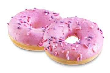 Pink donut with pink and purple sprinkles on a white isolated background