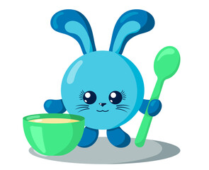 Funny cute kawaii hare or rabbit with round body, spoon and bowl in flat design with shadows. Isolated animal vector illustration	