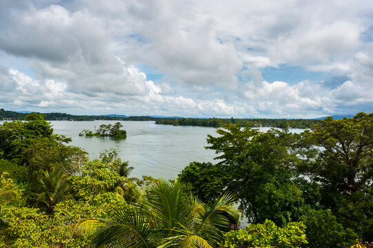 View from above of the flow of the waters of the Rio Dulce
