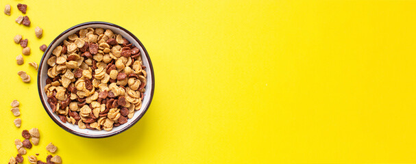 oat or corn flakes quick breakfast portion on the table for healthy meal snack outdoor top view copy space for text food background rustic image