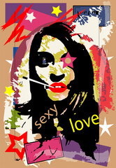 Girl with black hair smoking cigarette, vector background