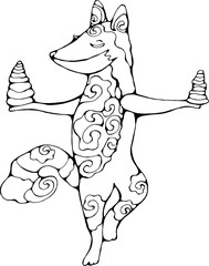 A fox with spirals in a yoga pose balances with stones.