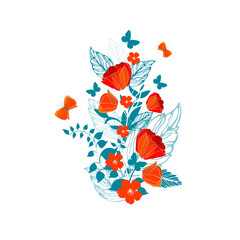 Bouquet with red flowers and blue leaves. Vector illustration