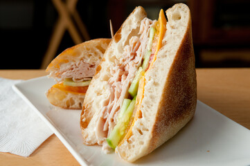 a classic turkey sandwich on a ciabatta roll