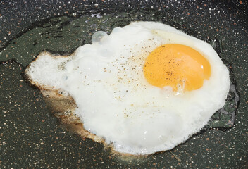 Egg in frying pan. Fried eggs in a pan for breakfast. Close up.