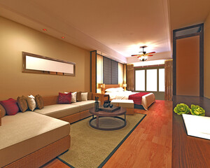 3d render of luxury hotel room, bedroom